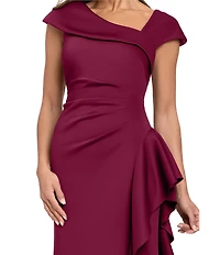 Xscape Asymmetrical Neckline Cap Sleeve Ruched Ruffle Front Scuba Crepe Gown