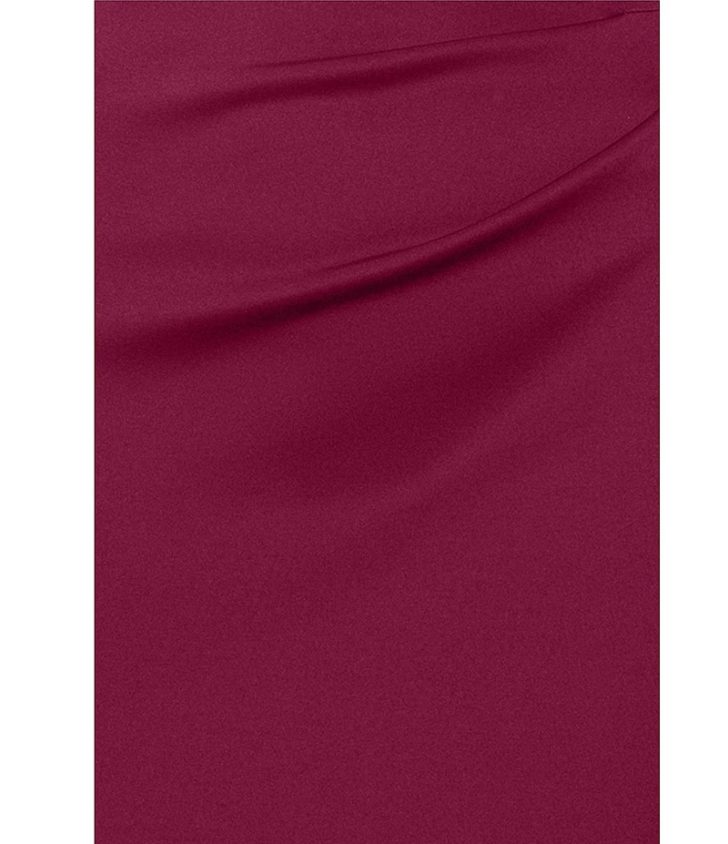 Xscape Asymmetrical Neckline Cap Sleeve Ruched Ruffle Front Scuba Crepe Gown