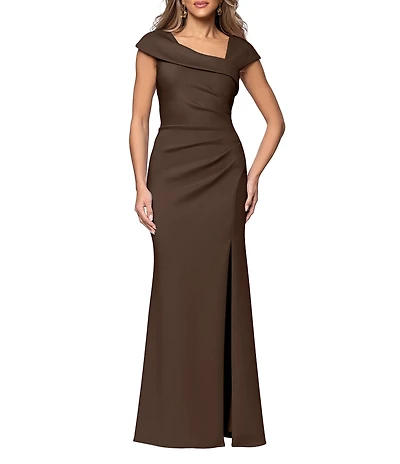 Xscape Asymmetrical Neckline Cap Sleeve Ruched Scuba Crepe Sheath Gown
