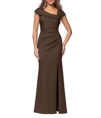 Xscape Asymmetrical Neckline Cap Sleeve Ruched Scuba Crepe Sheath Gown