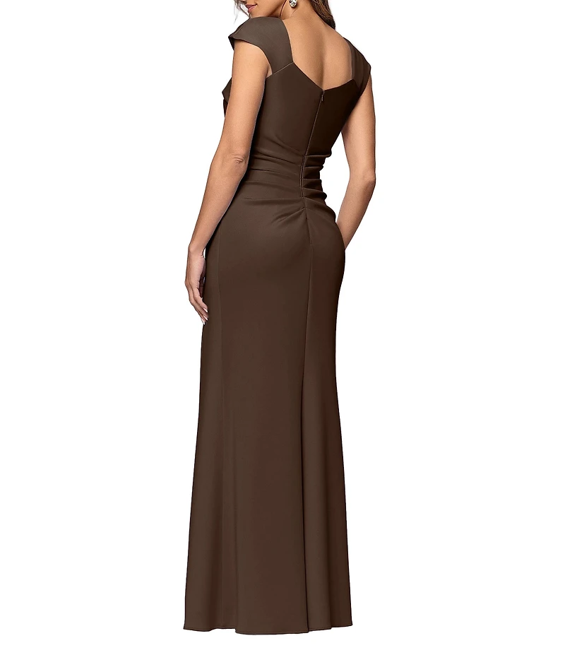 Xscape Asymmetrical Neckline Cap Sleeve Ruched Scuba Crepe Sheath Gown