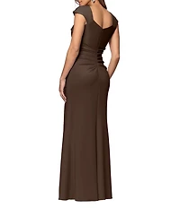 Xscape Asymmetrical Neckline Cap Sleeve Ruched Scuba Crepe Sheath Gown