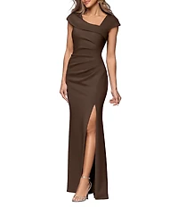 Xscape Asymmetrical Neckline Cap Sleeve Ruched Scuba Crepe Sheath Gown