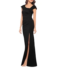 Xscape Asymmetrical Neckline Cap Sleeve Ruched Scuba Crepe Sheath Gown