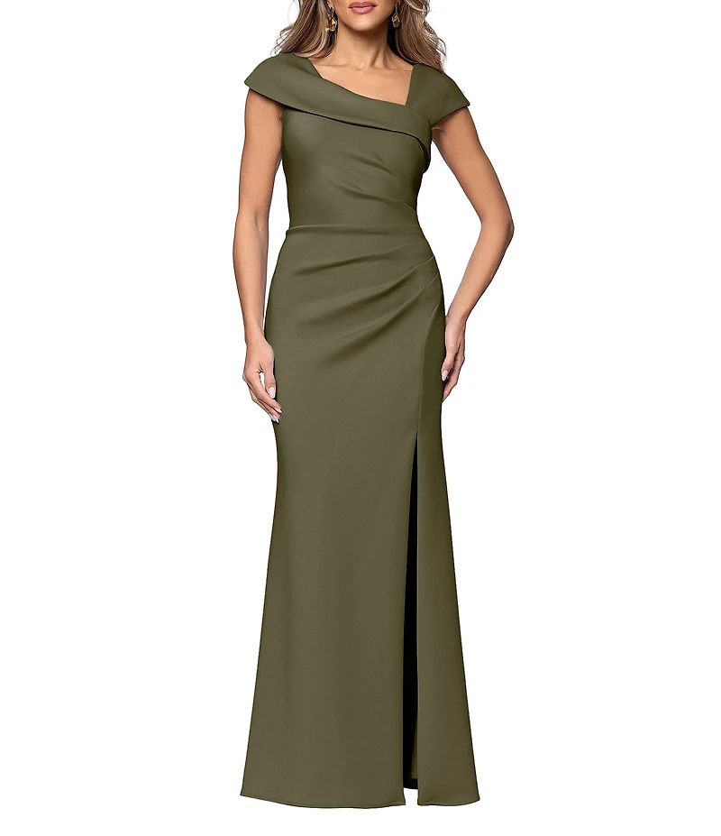 Xscape Asymmetrical Neckline Cap Sleeve Ruched Scuba Crepe Sheath Gown