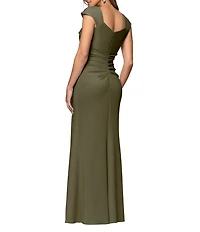 Xscape Asymmetrical Neckline Cap Sleeve Ruched Scuba Crepe Sheath Gown