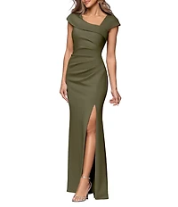 Xscape Asymmetrical Neckline Cap Sleeve Ruched Scuba Crepe Sheath Gown