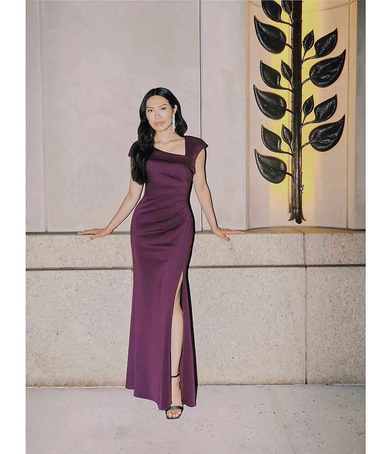 Xscape Asymmetrical Neckline Cap Sleeve Ruched Scuba Crepe Sheath Gown