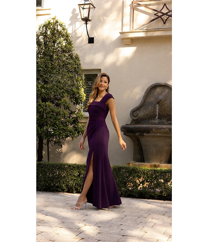 Xscape Asymmetrical Neckline Cap Sleeve Ruched Scuba Crepe Sheath Gown