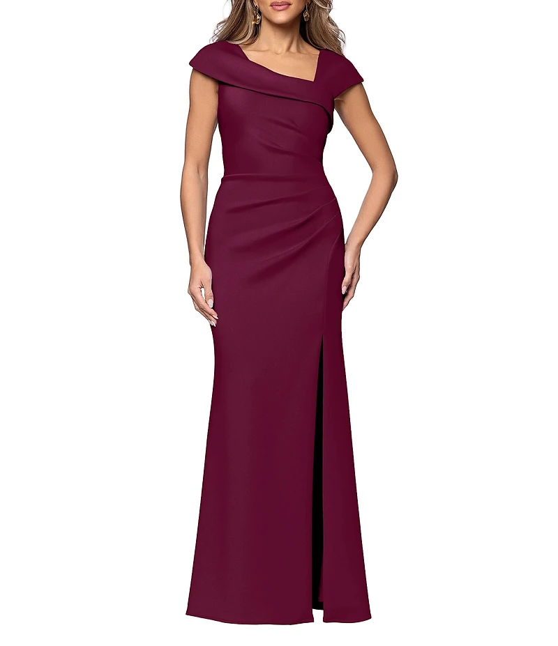 Xscape Asymmetrical Neckline Cap Sleeve Ruched Scuba Crepe Sheath Gown