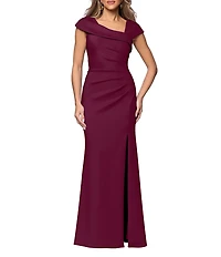 Xscape Asymmetrical Neckline Cap Sleeve Ruched Scuba Crepe Sheath Gown