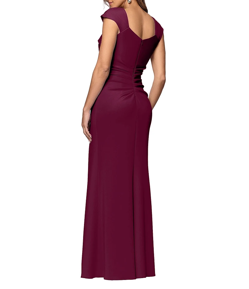 Xscape Asymmetrical Neckline Cap Sleeve Ruched Scuba Crepe Sheath Gown