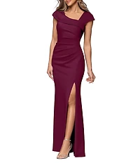 Xscape Asymmetrical Neckline Cap Sleeve Ruched Scuba Crepe Sheath Gown