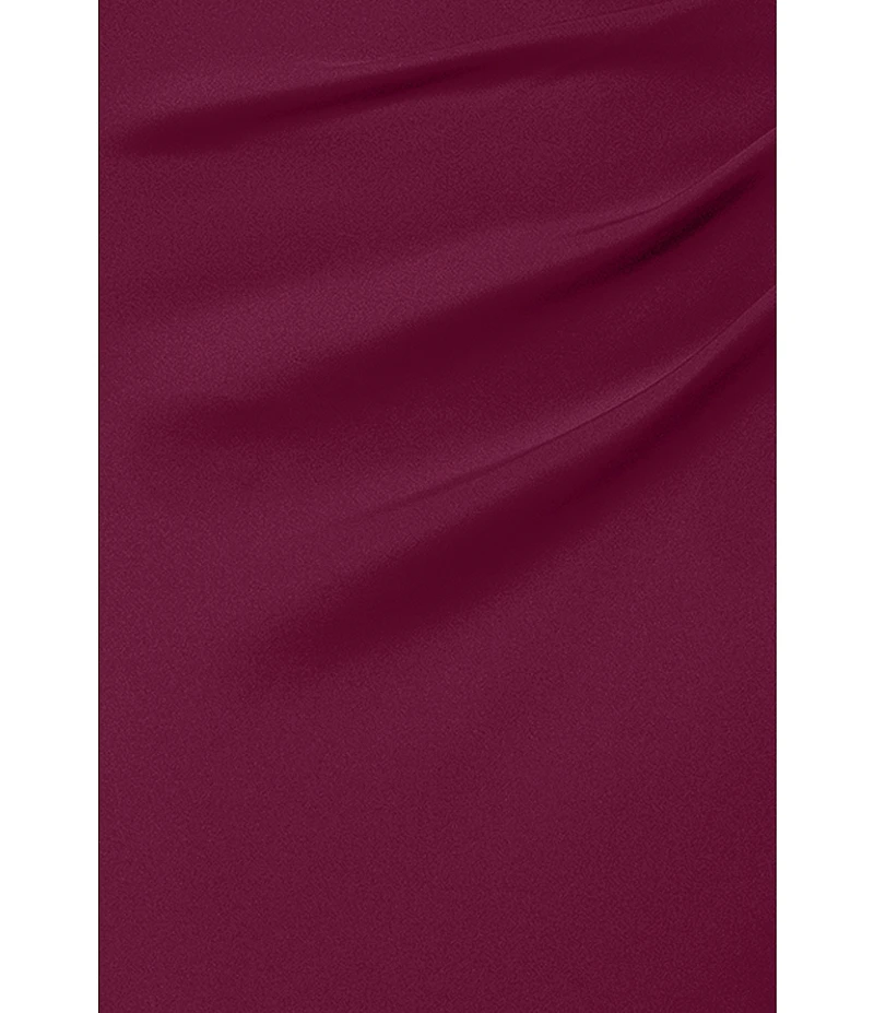 Xscape Asymmetrical Neckline Cap Sleeve Ruched Scuba Crepe Sheath Gown