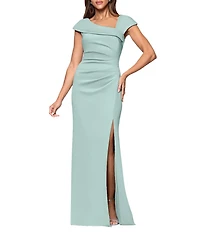 Xscape Asymmetrical Neckline Cap Sleeve Ruched Scuba Crepe Sheath Gown