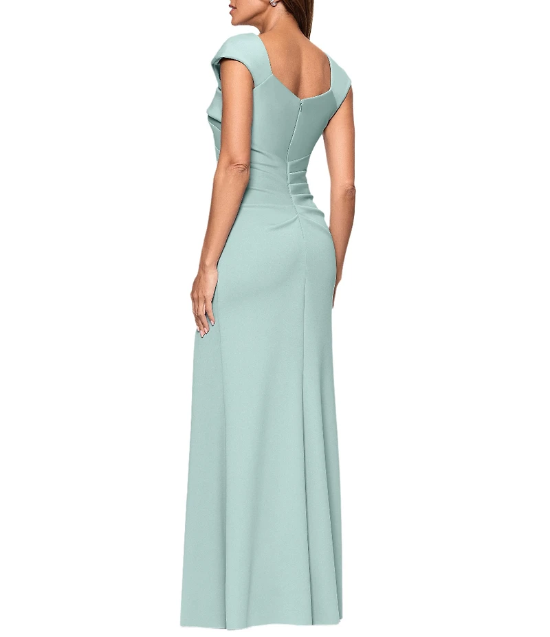Xscape Asymmetrical Neckline Cap Sleeve Ruched Scuba Crepe Sheath Gown