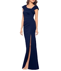 Xscape Asymmetrical Neckline Cap Sleeve Ruched Scuba Crepe Sheath Gown