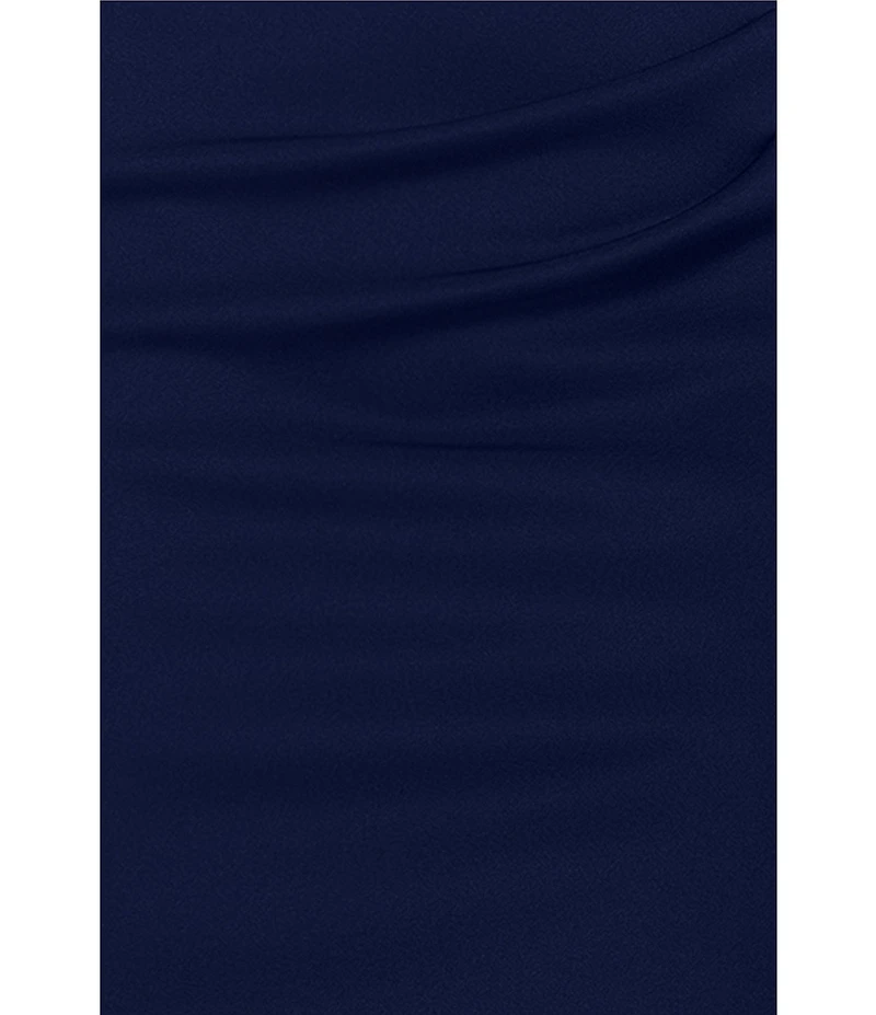 Xscape Asymmetrical Neckline Cap Sleeve Ruched Scuba Crepe Sheath Gown