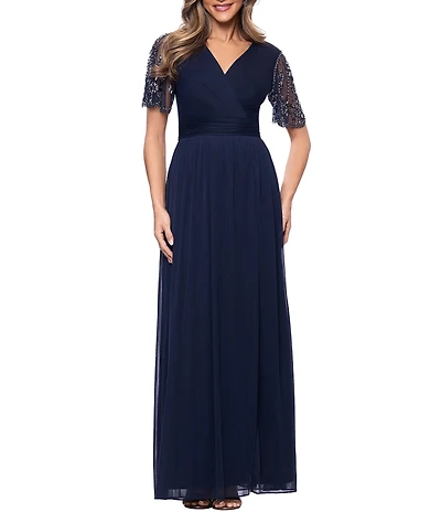 Xscape Beaded Short Sleeve Sheer Matte Jersey Gown