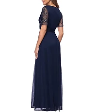 Xscape Beaded Short Sleeve Sheer Matte Jersey Gown