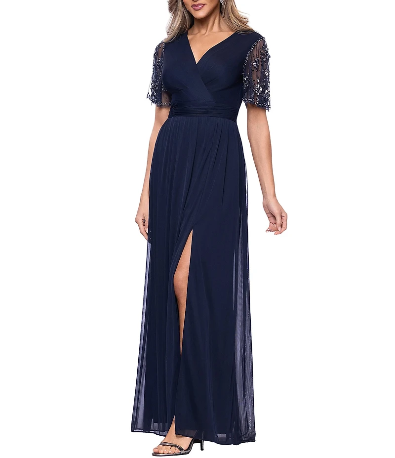 Xscape Beaded Short Sleeve Sheer Matte Jersey Gown