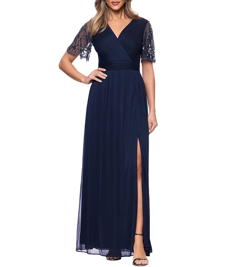 Xscape Beaded Short Sleeve Sheer Matte Jersey Gown
