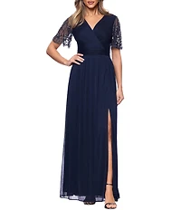 Xscape Beaded Short Sleeve Sheer Matte Jersey Gown