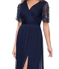 Xscape Beaded Short Sleeve Sheer Matte Jersey Gown