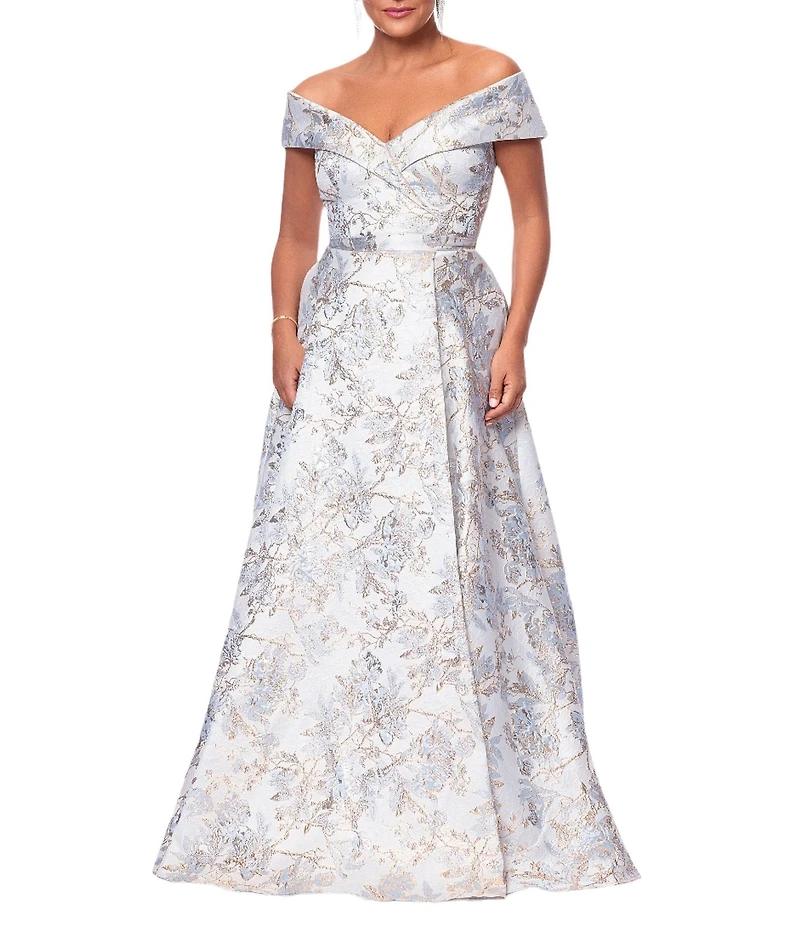 Xscape Brocade Floral Print Sweetheart Neck Short Sleeve A-Line Gown