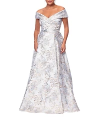 Xscape Brocade Floral Print Sweetheart Neck Short Sleeve A-Line Gown