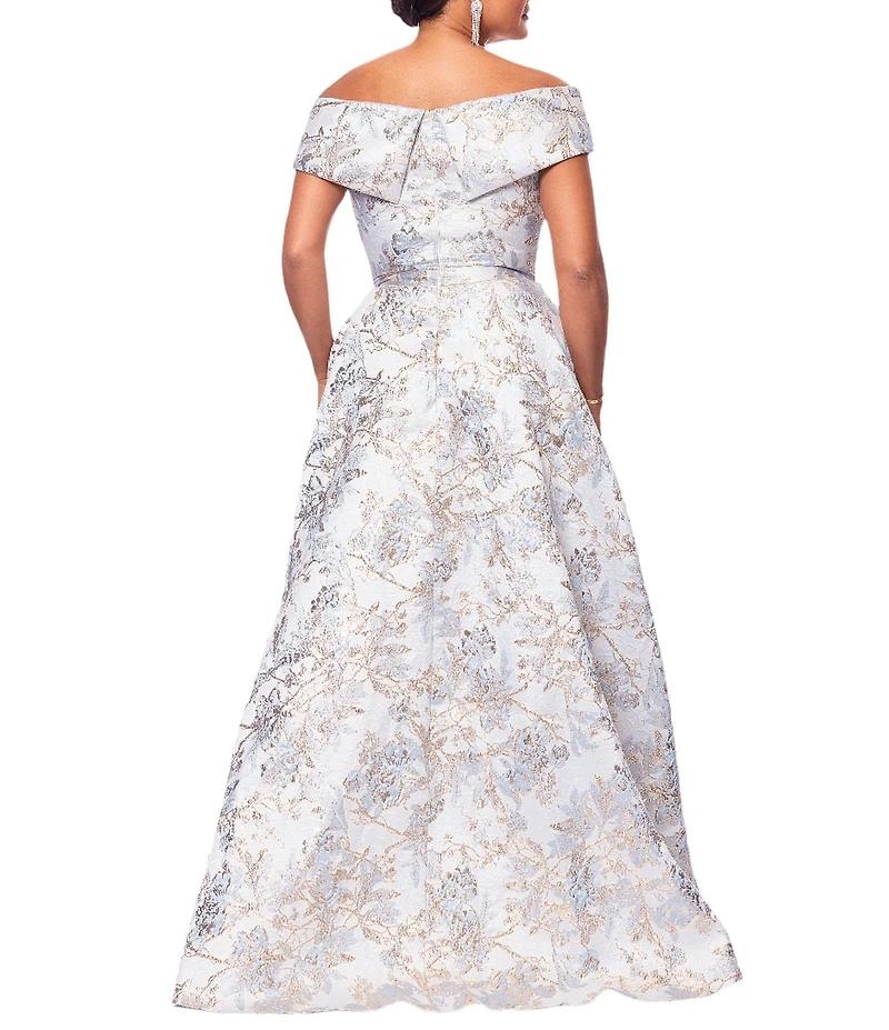 Xscape Brocade Floral Print Sweetheart Neck Short Sleeve A-Line Gown