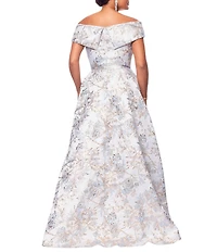 Xscape Brocade Floral Print Sweetheart Neck Short Sleeve A-Line Gown