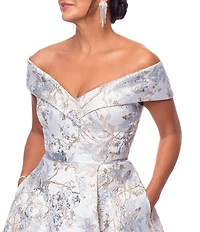 Xscape Brocade Floral Print Sweetheart Neck Short Sleeve A-Line Gown