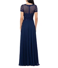 Xscape Chiffon Beaded Mesh Crew Neck Short Sleeve A-Line Gown