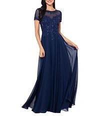 Xscape Chiffon Beaded Mesh Crew Neck Short Sleeve A-Line Gown
