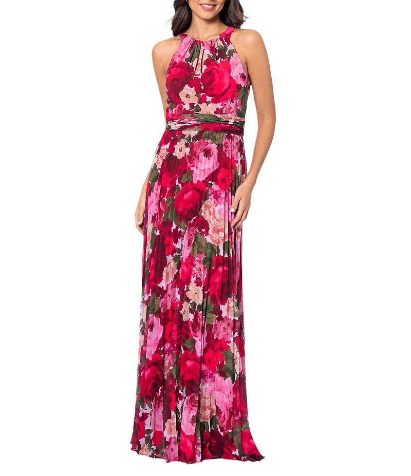 Xscape Chiffon Floral Print Halter Neck Sleeveless Pleated Blouson Gown