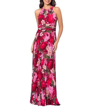 Xscape Chiffon Floral Print Halter Neck Sleeveless Pleated Blouson Gown