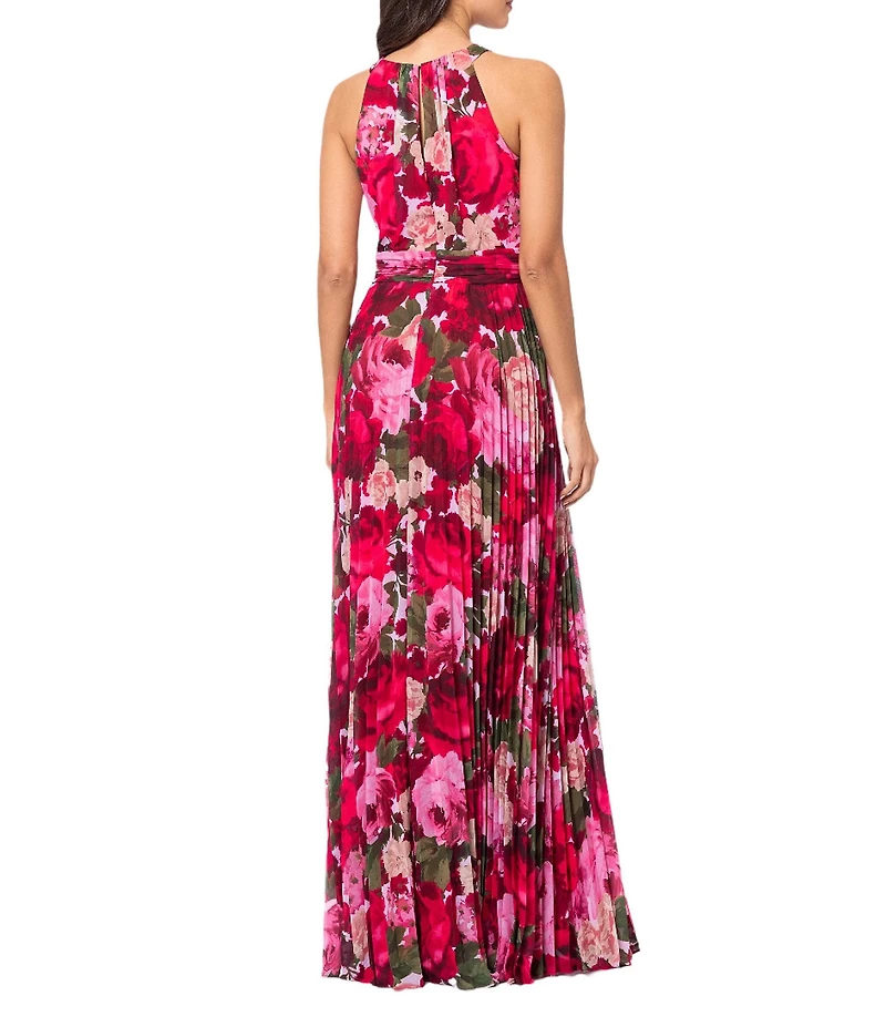 Xscape Chiffon Floral Print Halter Neck Sleeveless Pleated Blouson Gown