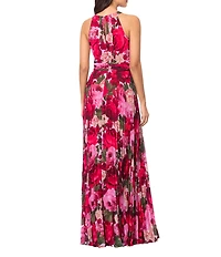 Xscape Chiffon Floral Print Halter Neck Sleeveless Pleated Blouson Gown