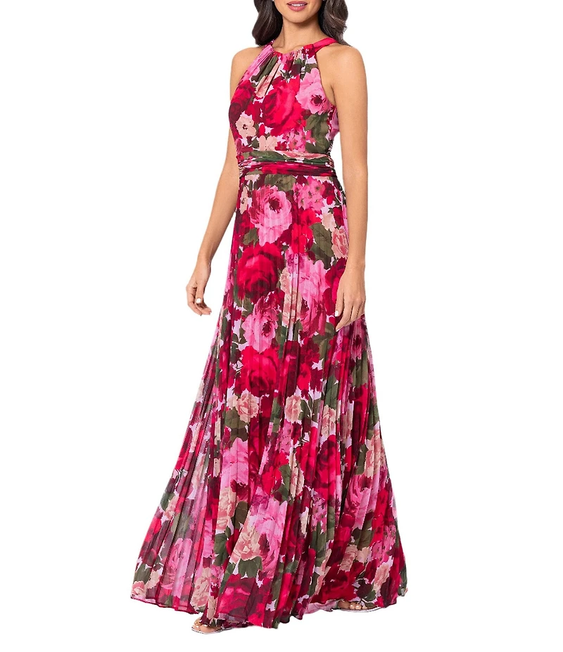 Xscape Chiffon Floral Print Halter Neck Sleeveless Pleated Blouson Gown