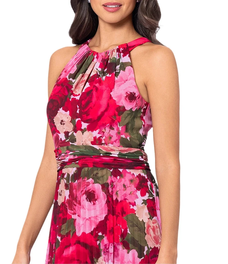 Xscape Chiffon Floral Print Halter Neck Sleeveless Pleated Blouson Gown