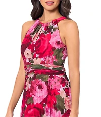 Xscape Chiffon Floral Print Halter Neck Sleeveless Pleated Blouson Gown