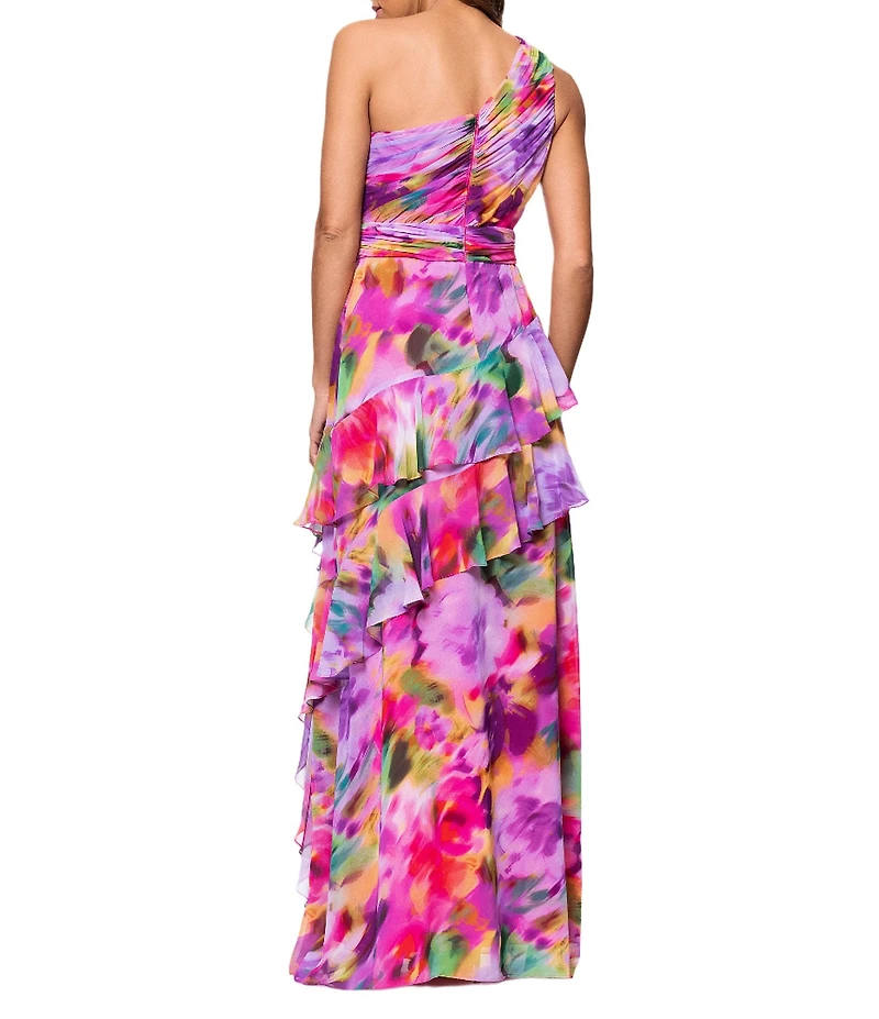 Xscape Chiffon Floral Print One Shoulder Neck Sleeveless Ruffle A-Line Gown
