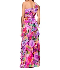 Xscape Chiffon Floral Print One Shoulder Neck Sleeveless Ruffle A-Line Gown