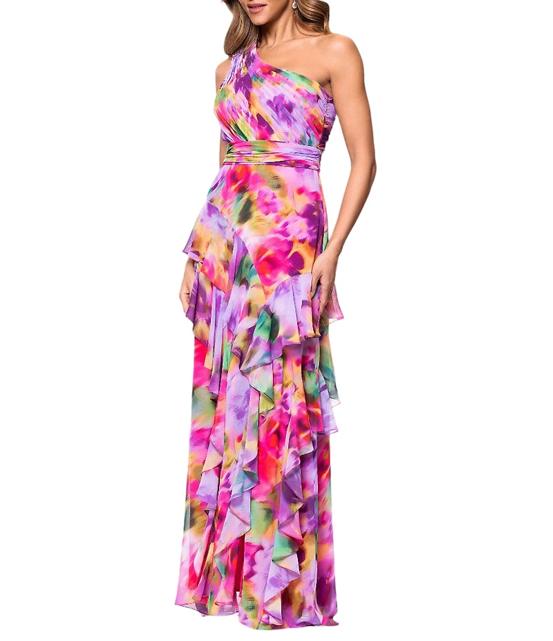 Xscape Chiffon Floral Print One Shoulder Neck Sleeveless Ruffle A-Line Gown