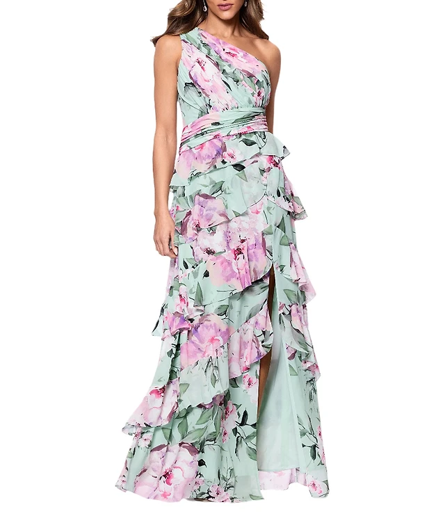 floral embroidered one-shoulder midi dress xscape Pink Textured Floral One Shoulder Sybil Maxi Dress main image 0