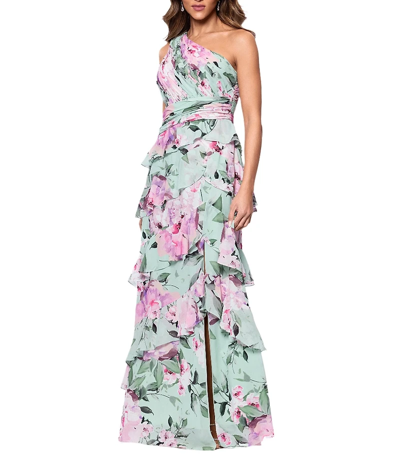 Xscape Chiffon Floral Print One Shoulder Neck Sleeveless Ruffle Gown