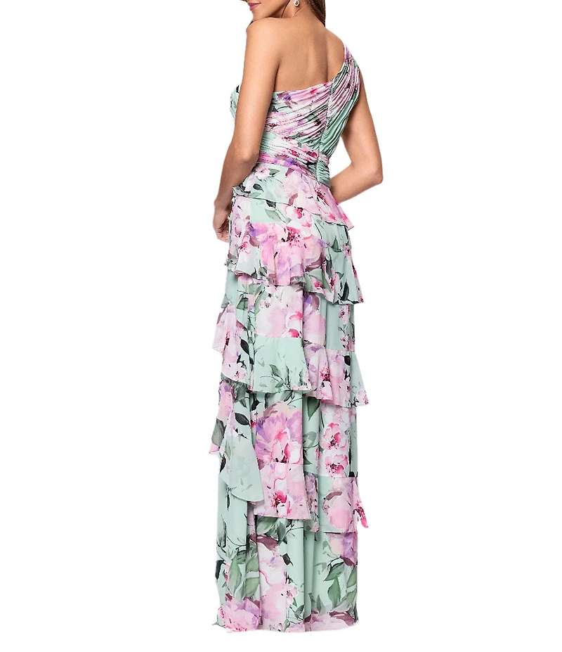 Xscape Chiffon Floral Print One Shoulder Neck Sleeveless Ruffle Gown