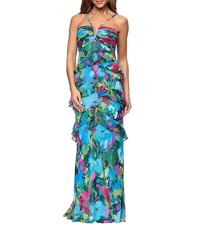 Xscape Chiffon Floral Print Tiered Ruffle Long Dress