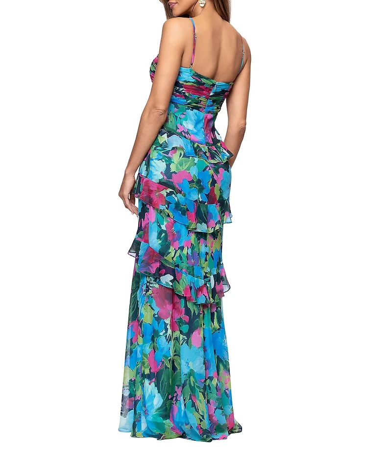 Xscape Chiffon Floral Print Tiered Ruffle Long Dress